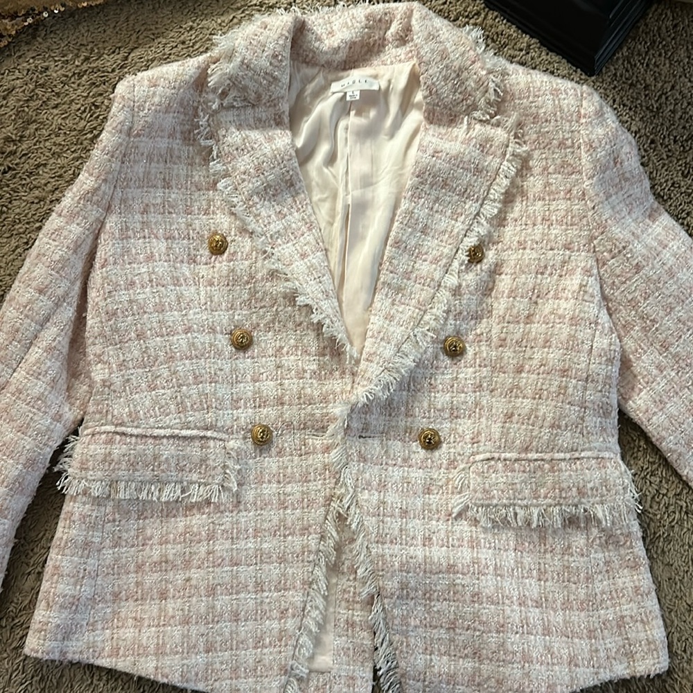 Mable Tweed Double-Breasted Houndstooth Blazer, sequined gold sleeveless top